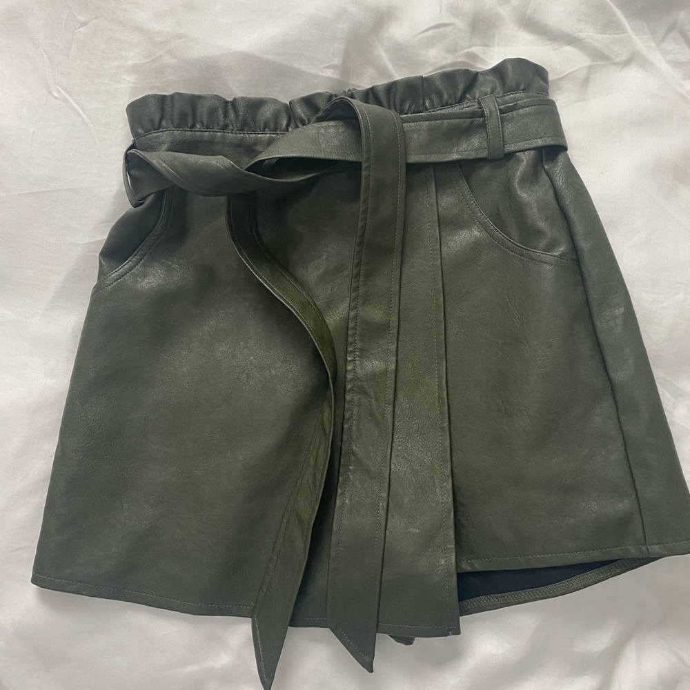 Olive green leather skort paper bag waist